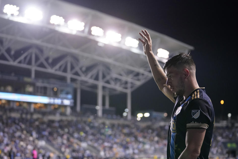 Philadelphia Union's Kai Wagner reacts during the second half of an MLS soccer match against CF Montréal, Saturday, June 3, 2023, in Chester, Pa. (AP Photo/Matt Slocum)