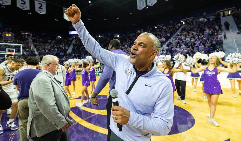 K-State coach Jerome Tang celebrates with fans after the Wildcats beat Oklahoma 85-69 in Manhattan.