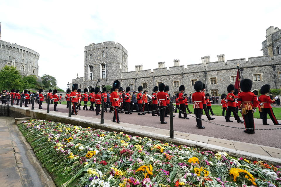 <p>The State Hearse carrying the coffin of Queen Elizabeth II arrives at Windsor Castle for the committal service. (PA)</p> 