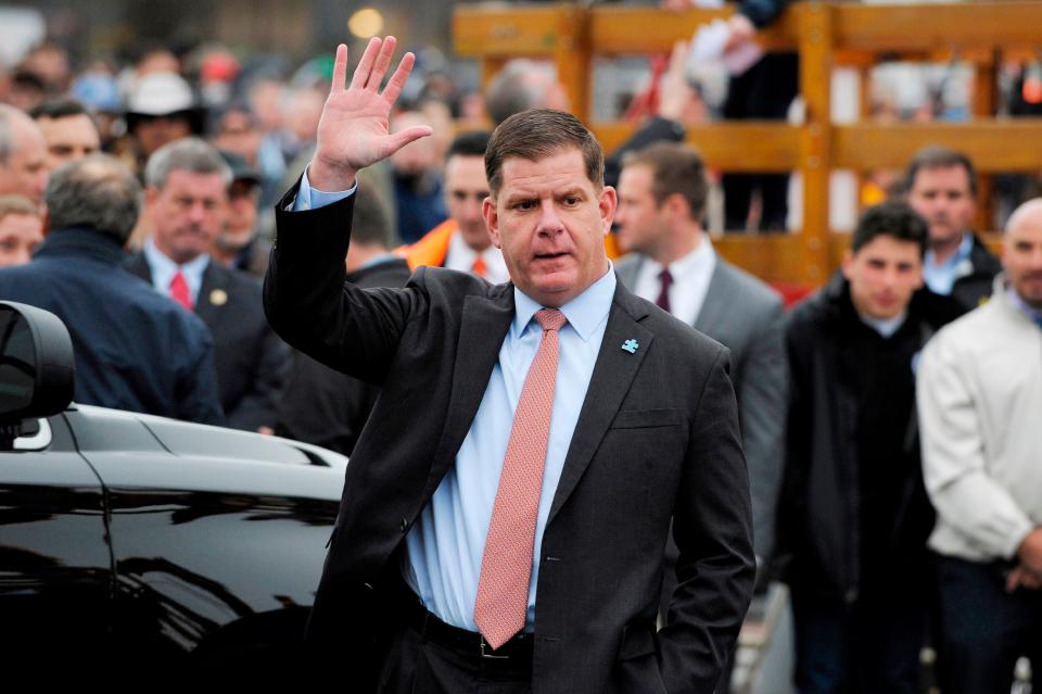 Mayor Marty Walsh waves to picketers at a rally organized by UFCW Union members to support Stop and Shop employees on strike throughout the region at the Stop and Shop in Dorchester, Massachusetts on April 18, 2019. (Photo by JOSEPH PREZIOSO / AFP)JOSEPH PREZIOSO/AFP/Getty