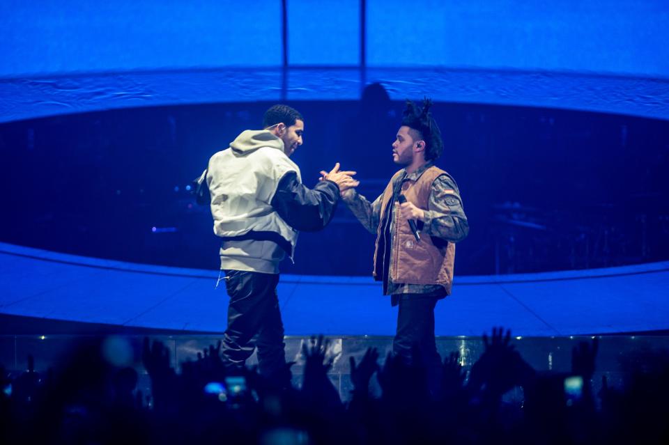 Drake onstage with The Weeknd in 2014. Nothing ~~was~~ is the same…