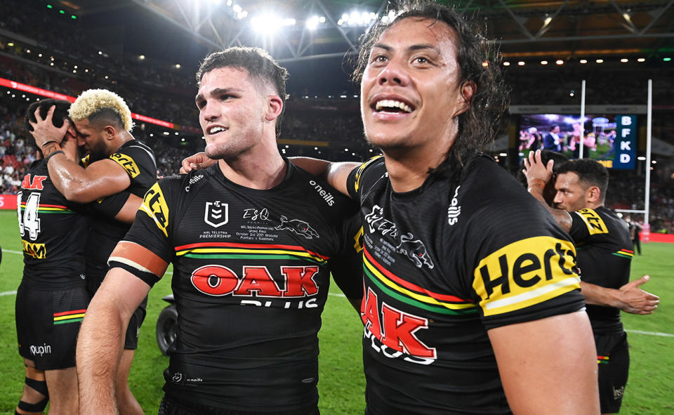 Nathan Cleary and Jarome Luai, pictured here after the NRL grand final in 2021. 