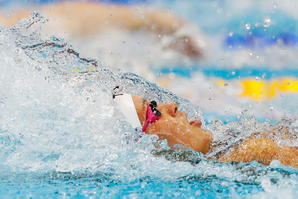 <p>Denmark’s Mie Oe. Nielsen competes in a women’s 50m backstroke heat during the European Swimming Championships at the London Aquatics Centre in London, May 20, 2016. (Matt Dunham/AP) </p>
