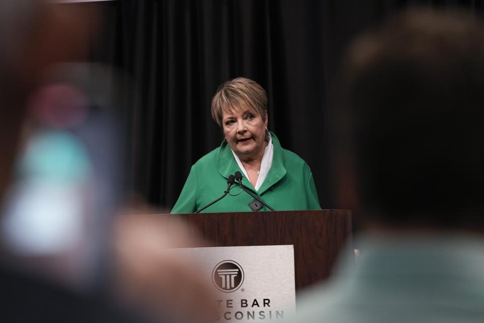 Wisconsin Supreme Court candidate Democratic-supported Janet Protasiewicz participates in a debate Tuesday, March 21, 2023, in Madison, Wis. (AP Photo/Morry Gash)