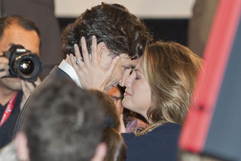 Liberal Member of Parliament Justin Trudeau celebrates with his wife Sophie Gregoire after winning on the first ballot the race for the leadership of the federal Liberal Party in Ottawa in April 2013. File Photo by Heinz Ruckemann/UPI