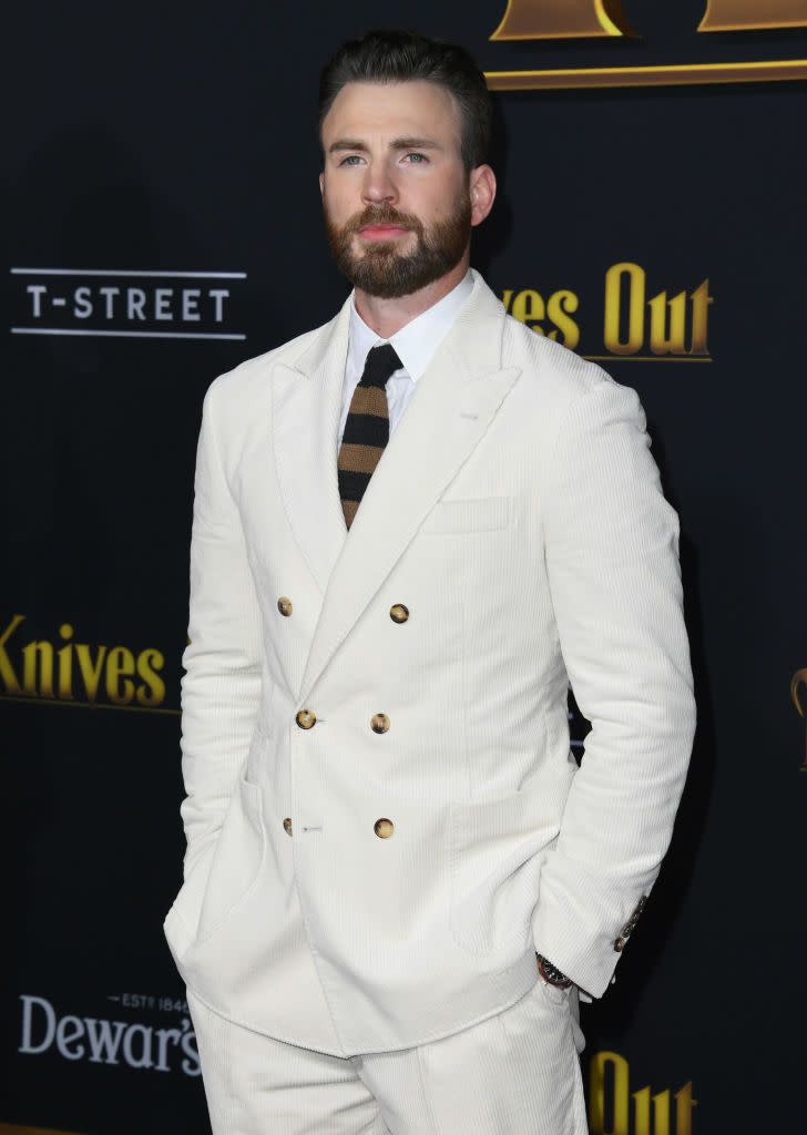 chris evans attends the premiere of lionsgates knives out at regency village theatre on november 14, 2019 in westwood, california photo by jon kopaloffgetty images,