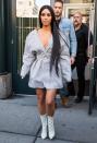 <p>Kim debuted new super long hair in New York, wearing an oversized stripy jacket and not much else.<br><i>[Photo: FameFlynet]</i> </p>