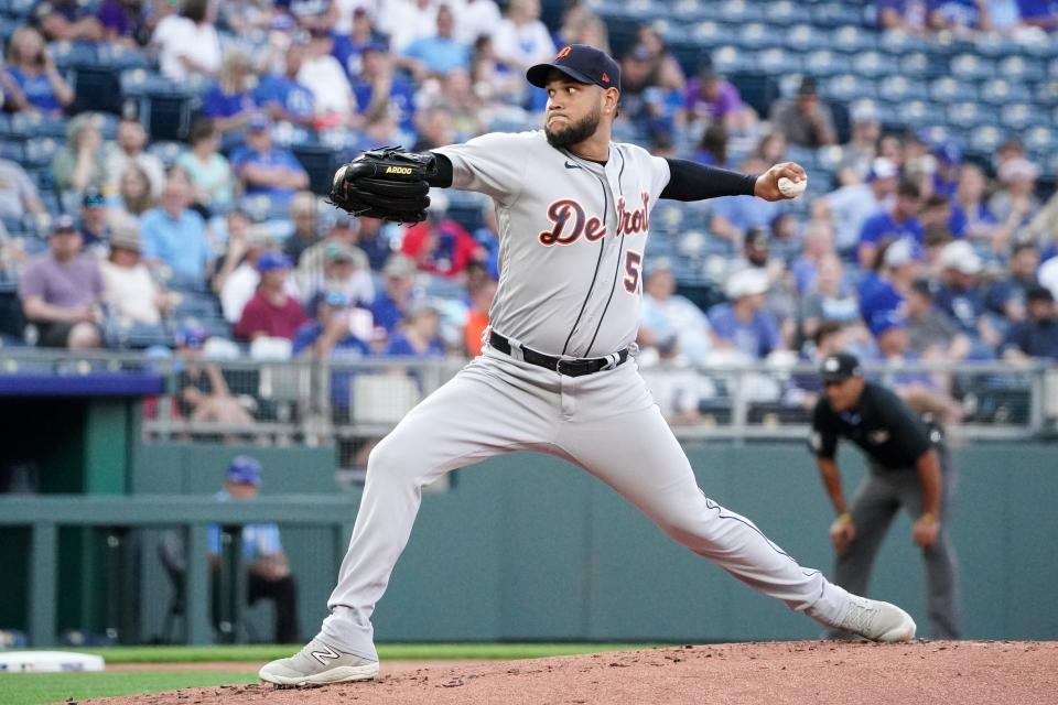 Detroit Tigers starting pitcher Eduardo Rodriguez (57) delivers a pitch against the Kansas City Royals in the first inning at Kauffman Stadium.