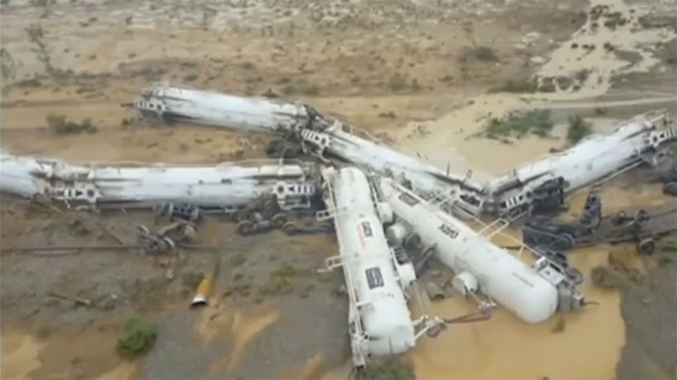 The scene of a derailed train in north-west Queensland, which was loaded with sulphuric acid. Photo: 7 News