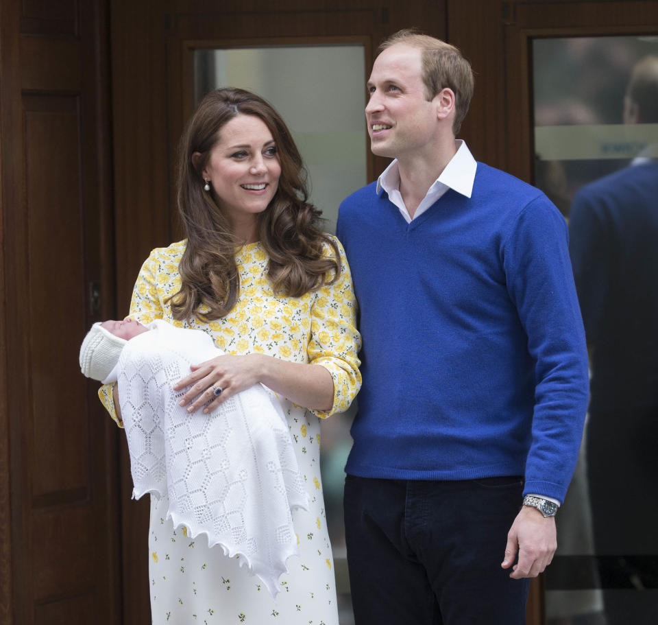 Photo by: KGC-107/STAR MAX/IPx The Princess of Cambridge is seen outside the Lindo Wing of St. Mary's Hospital with her parents Prince William The Duke of Cambridge and Catherine The Duchess of Cambridge.  The Princess was born on Saturday, May 2nd, 2015 at 8:34 AM weighing 8lbs. 3oz. (Star Max/IPX via AP Images)