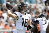 during the first half of an NFL football game, Sunday, Sept. 19, 2021, in Jacksonville, Fla. (AP Photo/Phelan M. Ebenhack)