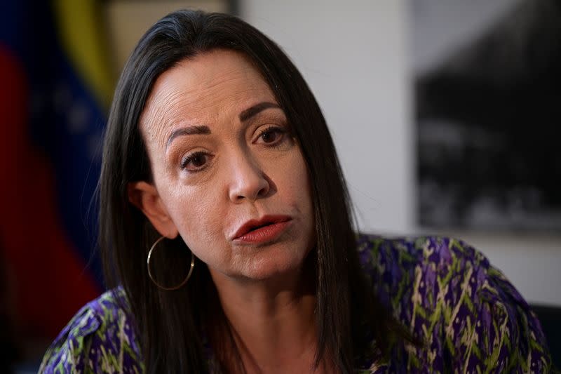 Venezuelan opposition leader Maria Corina Machado attends an interview with Reuters, in Caracas