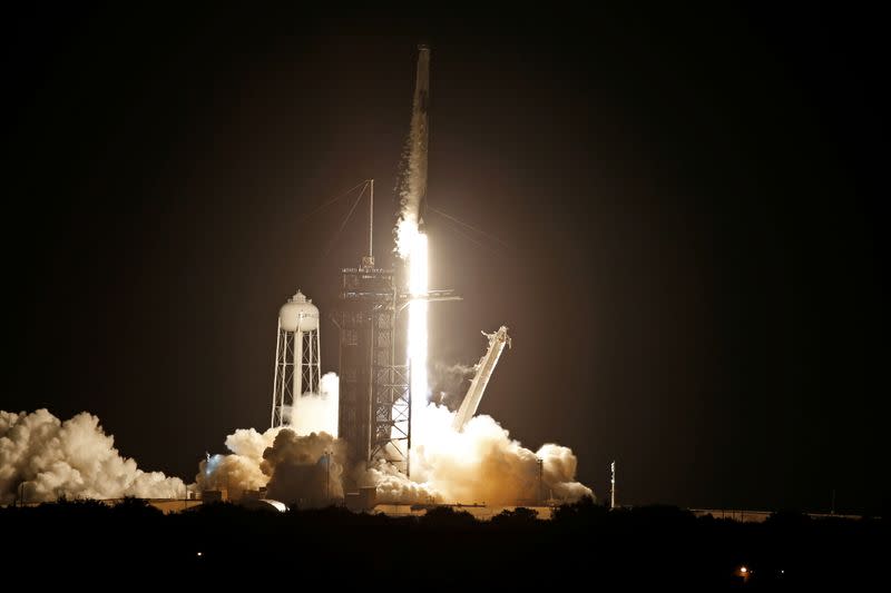 A SpaceX Falcon 9 rocket with the Crew Dragon capsule lifts off from Pad 39A on the Inspiration 4 civilian crew mission at the Kennedy Space Center in Cape Canaveral