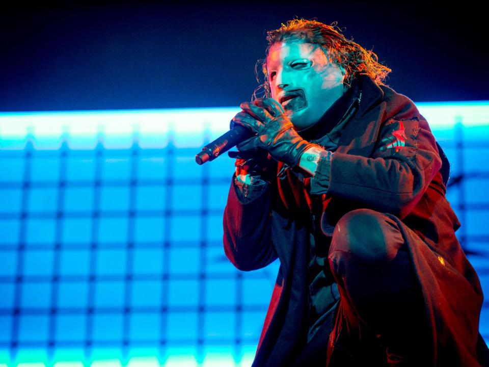 Corey Taylor performs in his new mask during a Slipknot show, 2019: Rex