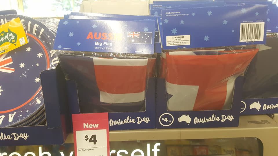 Picture of the Australian flags which are being sold at Woolworths, and are made in China.