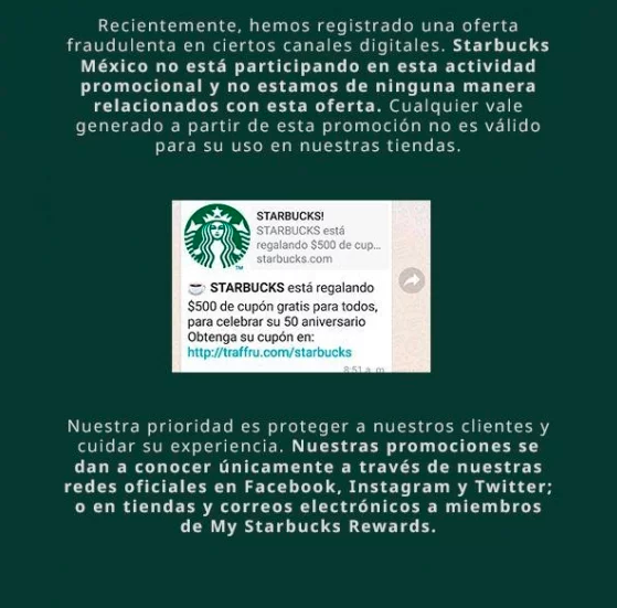 Starbacks lanza una alerta para advertir de una promoción fraudulenta que circula por redes sociales. 