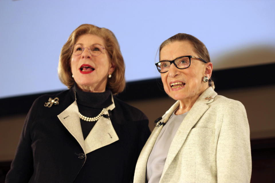 NPR's Nina Totenberg, left, and U.S. Supreme Court Justice Ruth Bader Ginsburg stand onstage at the New York Academy of Medicine after doing a question and answer session as part of the Museum of the City of New York's David Berg Distinguished Speakers Series, Saturday, Dec. 15, 2018, in New York. (AP Photo/Rebecca Gibian)