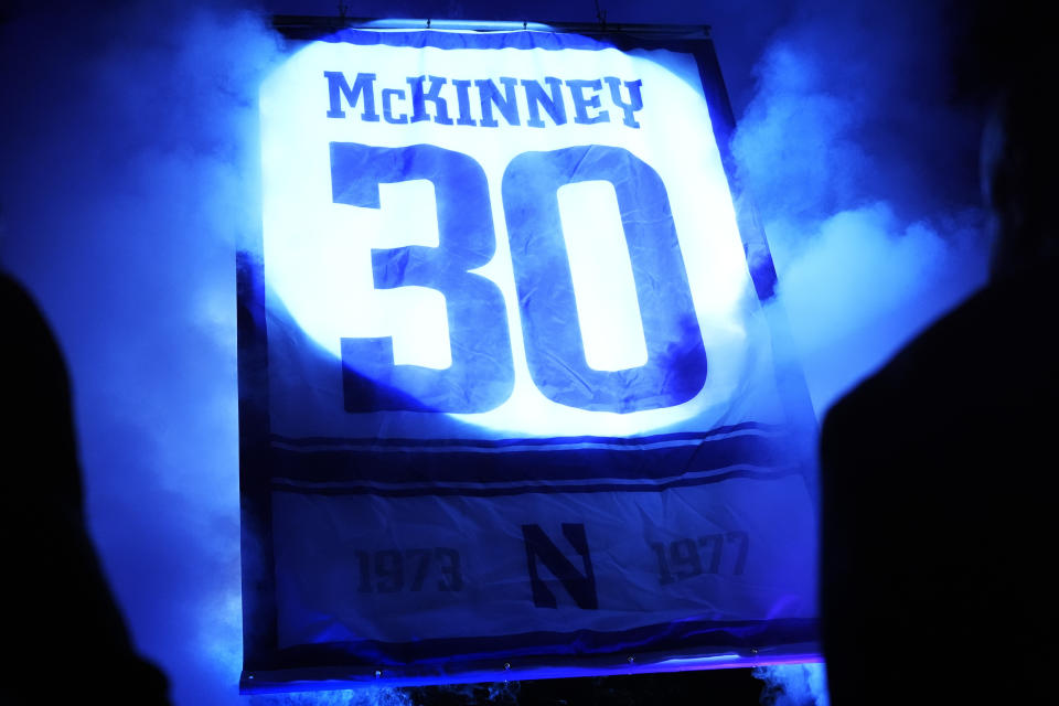 Northwestern retires Billy McKinney's Number 30, a first in any sport in the 173-year history of the university during half time of an NCAA college basketball game between Iowa and Northwestern in Evanston, Ill., Saturday, March 2, 2024. (AP Photo/Nam Y. Huh)