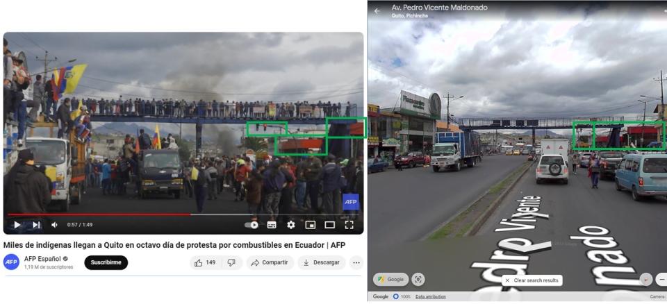 <span>Comparación entre capturas de pantalla de un video en YouTube (I) y una imagen de Google Street View, hecha el 21 de junio de 2024 </span>