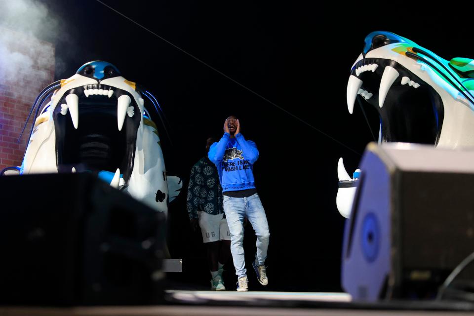 Jacksonville Jaguars safety Andre Cisco comes on stage during an NFL Draft watch party Thursday, April 27, 2023 at TIAA Bank Field’s Daily’s Place in Jacksonville, Fla. The Jacksonville Jaguars selected, with the 27th pick, offensive tackle Anton Harrison from Oklahoma. [Corey Perrine/Florida Times-Union]