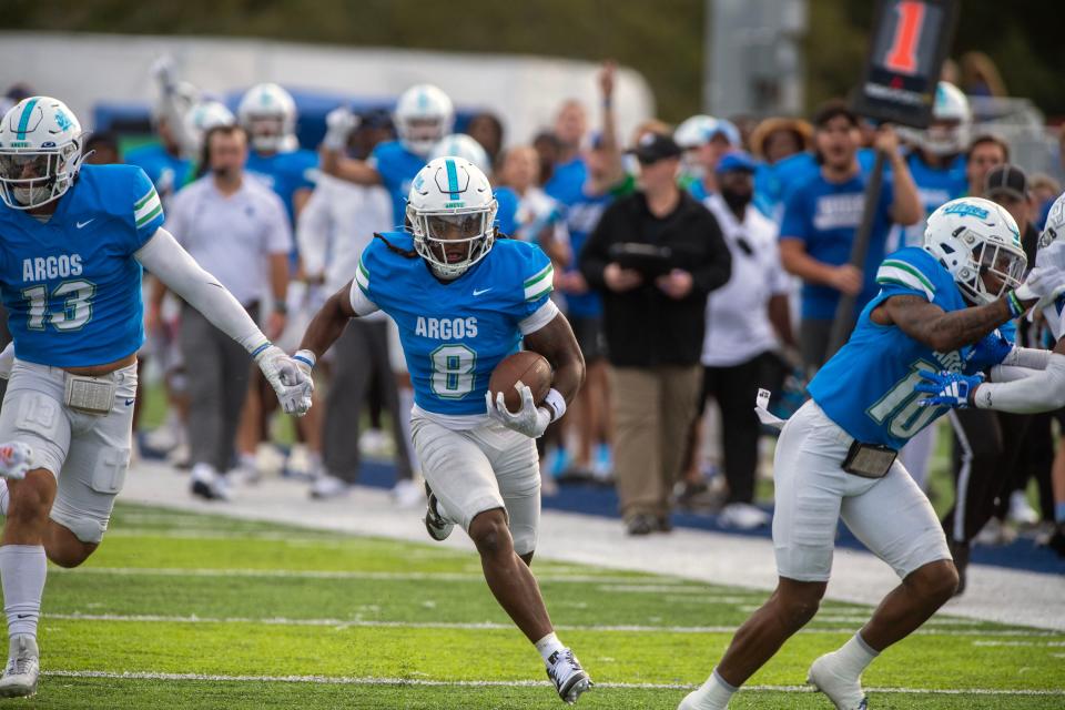 West Florida Argo CJ Wilson runs down field during UWF's homecoming game against Shorter Saturday, October 7, 2023.