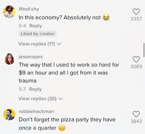 More comments agreeing with Maysun: One said " The way I used to work so hard for $9 an hour and all I got from it was trauma