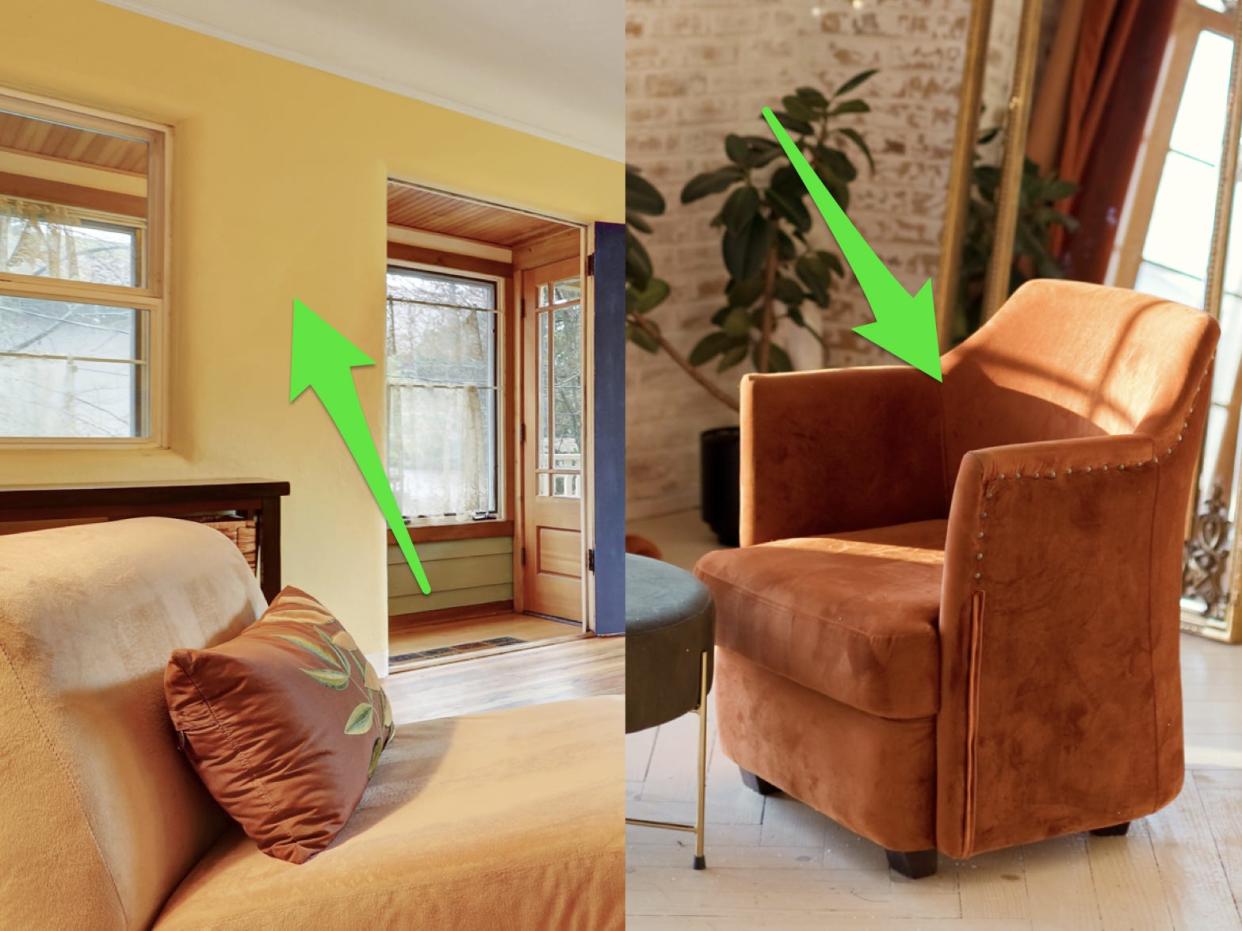 Living room with yellow walls and green arrow pointing to them; A living room with a terracotta arm chair and a green arrow pointing to it