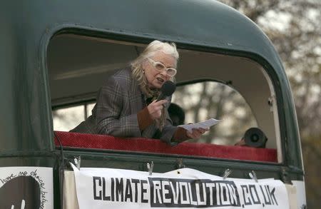 Fashion designer Vivienne Westwood speaks at an event at which a collection of punk memorabilia belonging to Joe Corre, the son of Malcolm McLaren, the former manager of the Sex Pistols and Westwood, was burnt on a boat on the River Thames, in London, Britain November 26, 2016. REUTERS/Neil Hall