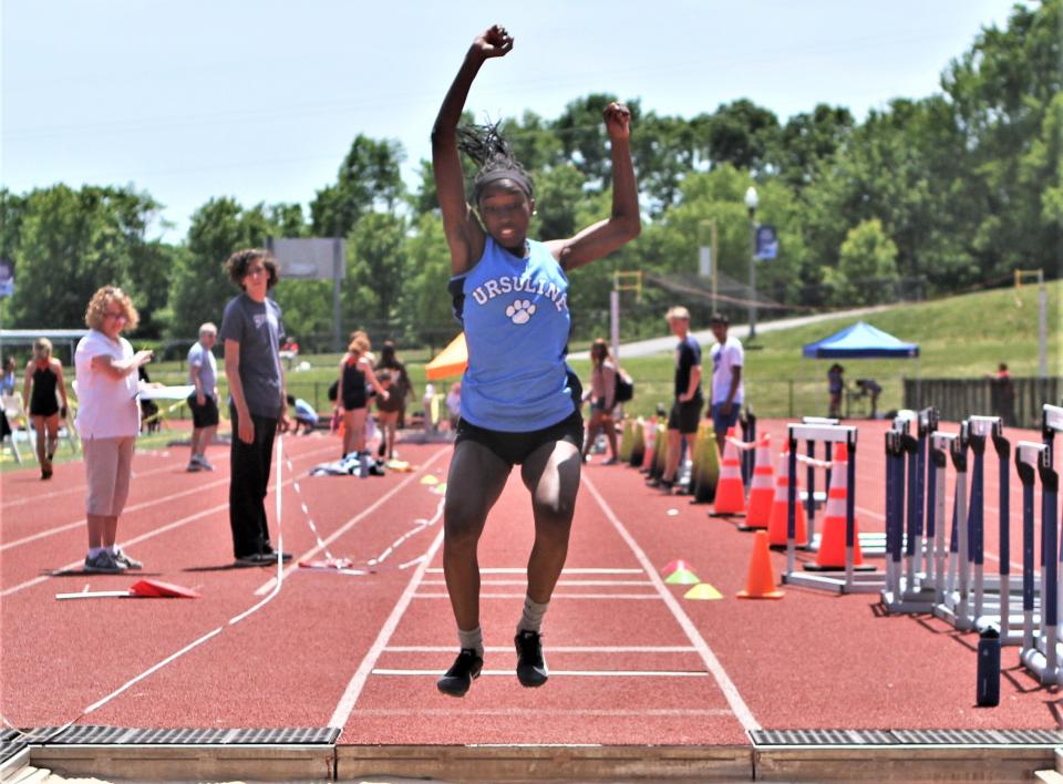 Ursuline's Sarai Sealy competes during the Section 1 Class A track championships May 27, 2023 at Suffern Middle School. She won three events including girls long jump and triple jump.