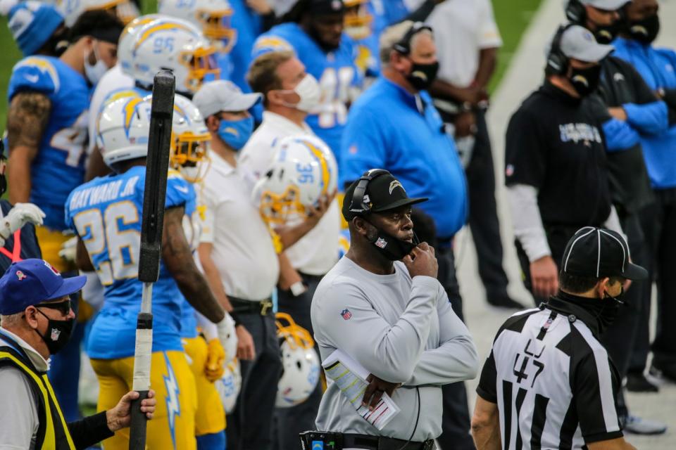 Chargers coach Anthony Lynn looks from the sideline during Sunday's 45-0 loss.