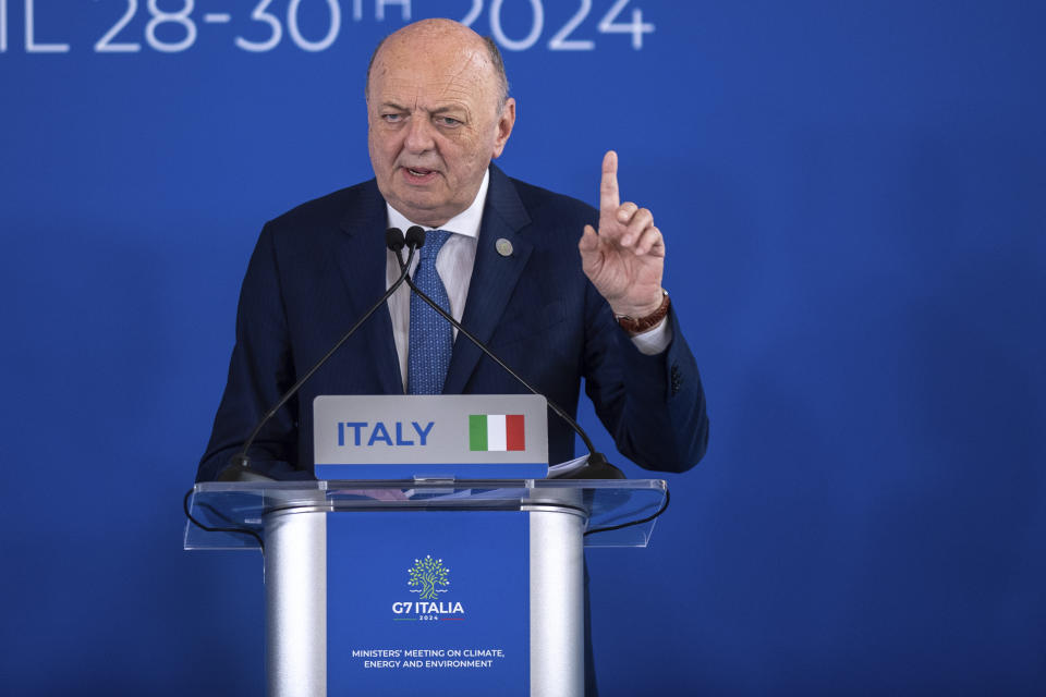 Italy's Environment and Energy Security Minister Gilberto Pichetto Fratin talks during the G7 Climate, energy and environment press conference at Venaria Reale in Turin, Italy, Tuesday April 30, 2024. (Alberto Gandolfo/LaPresse via AP)