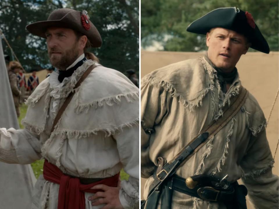 Captain Daniel Morgan (Barry O'Connor) and Jamie Fraser (Sam Heughan) both wearing the riflemen's uniform.