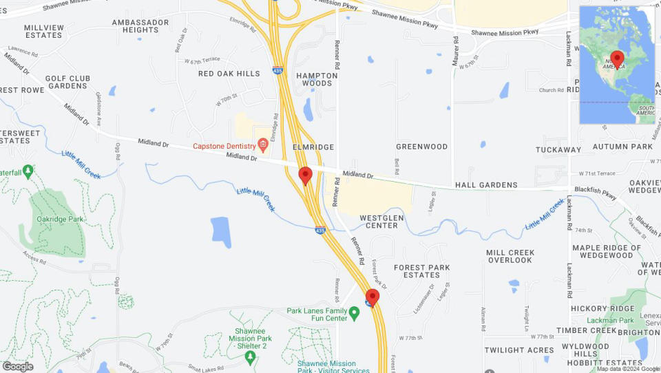 A detailed map that shows the affected road due to 'Lane on I-435 closed in Shawnee' on July 9th at 7:06 p.m.