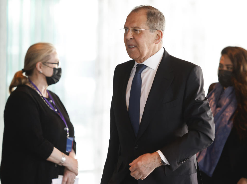 Russian Foreign Minister Sergey Lavrov arrives for the Arctic Council Ministerial Meeting in Reykjavik, Iceland, Thursday, May 20, 2021. Top diplomats from the United States and Russia sparred politely in Iceland during their first face-to-face encounter, which came as ties between the nations have deteriorated sharply in recent months. (AP Photo/Brynjar Gunnarsson, Pool)