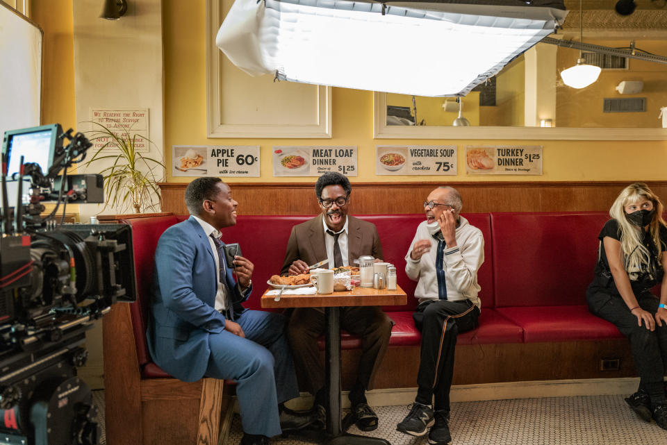 Rustin. (L to R) Aml Ameen as Martin Luther King Jr., Colman Domingo as Bayard Rustin and George C. Wolfe (Director-Writer). Cr. Parrish Lewis/Netflix © 2023