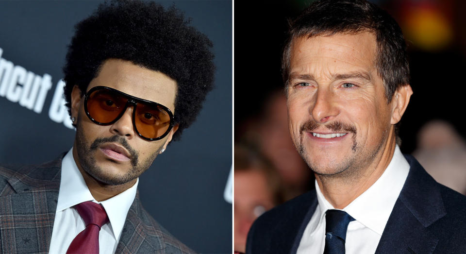 The Weeknd and Bear Grylls have adopted their own version of the modern horseshoe moustache style. (Getty Images)