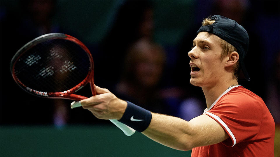 Denis Shapovalov reacts during his singles final match against Rafa Nadal of Spain during Day Seven of the 2019 Davis Cup at La Caja Magica on November 24, 2019 in Madrid, Spain. (Photo by David Aliaga/MB Media/Getty Images)