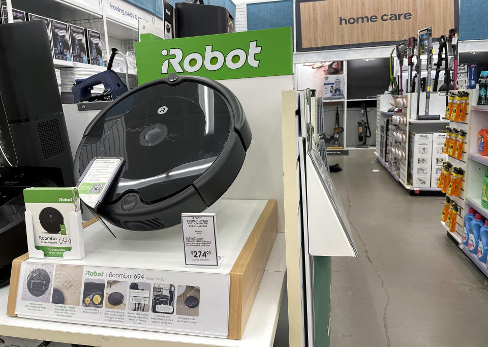 LARKSPUR, CALIFORNIA - AUGUST 05: Roomba robot vacuums made by iRobot are displayed on a shelf at a Bed Bath and Beyond store on August 05, 2022 in Larkspur, California. Amazon announced plans to purchase iRobot, maker of the popular robotic vacuum Roomba, for an estimated $1.7 billion. (Photo by Justin Sullivan/Getty Images)