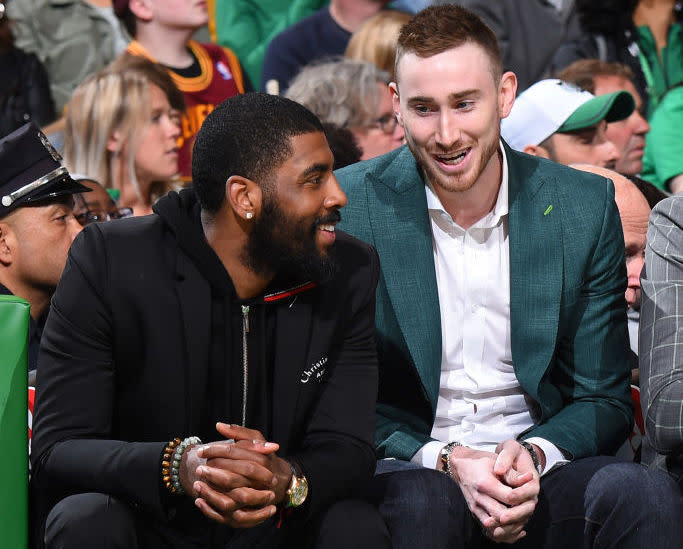 Gordon Hayward shared the bench with fellow rehabbing Celtics star Kyrie Irving during the playoffs. (Getty Images)