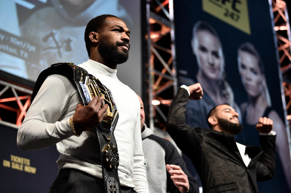 LAS VEGAS, NEVADA - DECEMBER 13: (L-R) Jon Jones and Dominick Reyes face off during the UFC 247 Press Conference at T-Mobile Arena on December 13, 2019 in Las Vegas, Nevada. (Photo by Chris Unger/Zuffa LLC via Getty Images)