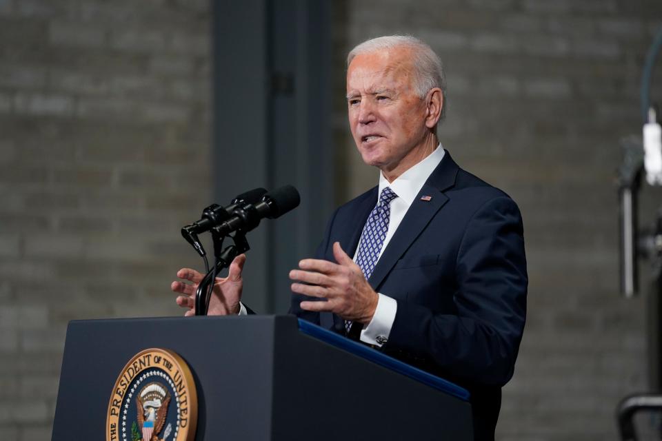 President Joe Biden speaks after a tour of a Pfizer manufacturing site, Friday, Feb. 19, 2021, in Portage, Michigan.