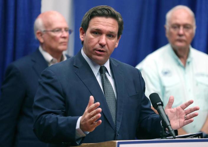 Florida Governor Ron DeSantis speaks at a monoclonal antibody treatment center at the Barnstorm Theater in The Villages on August 25, 2021. The Villages is the mother lode for Republican voters in North Central Florida. 