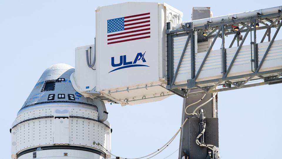 A Boeing CST-100 Starliner spacecraft is seen aboard a United Launch Alliance Atlas V rocket on the launch pad at Space Launch Complex 41 ahead of the NASA’s Boeing Crew Flight Test, Monday, June 3, 2024 at Cape Canaveral Space Force Station in Florida. NASA’s Boeing Crew Flight Test is the first launch with astronauts of the Boeing CFT-100 spacecraft and United Launch Alliance Atlas V rocket to the International Space Station as part of the agency’s Commercial Crew Program. The flight test, targeted for launch at 10:52 a.m. EDT on Wednesday, June 5, serves as an end-to-end demonstration of Boeing’s crew transportation system and will carry NASA astronauts Butch Wilmore and Suni Williams to and from the orbiting laboratory.