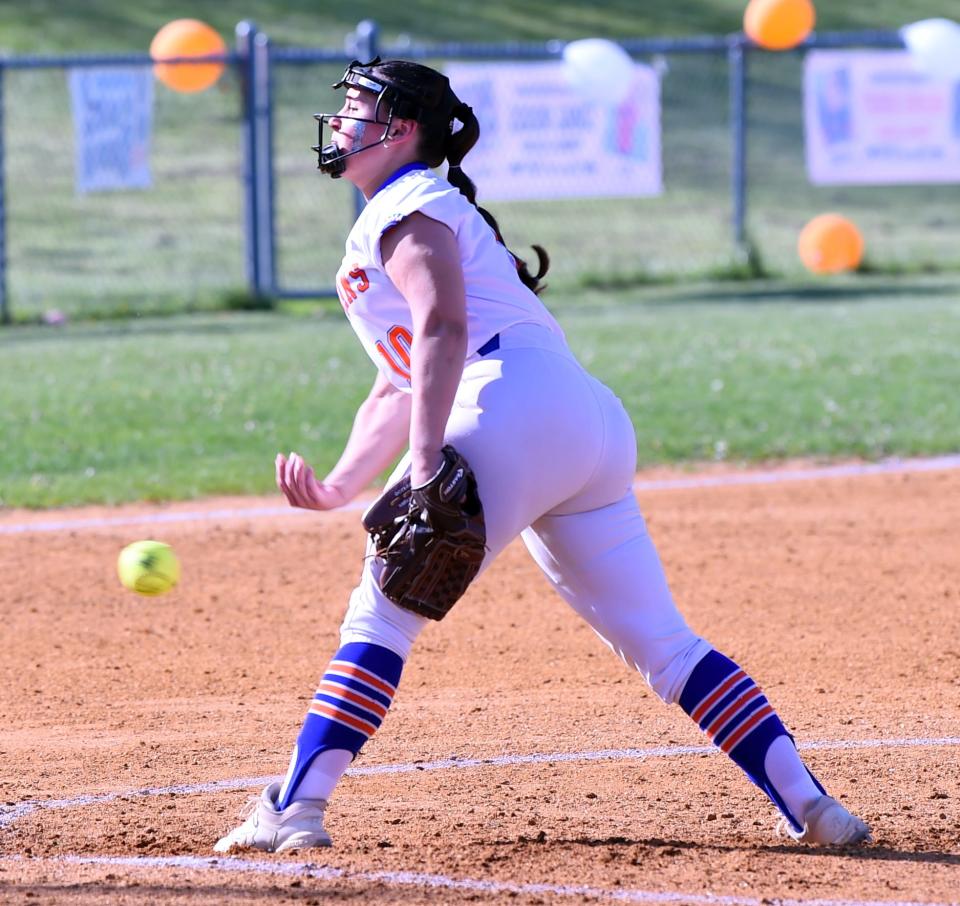 Thomas A. Edison's Gabby Milazzo pitches during a 20-1, five-inning win over Elmira Notre Dame in IAC softball May 1, 2024 at Cohen Elementary School in Elmira Heights.