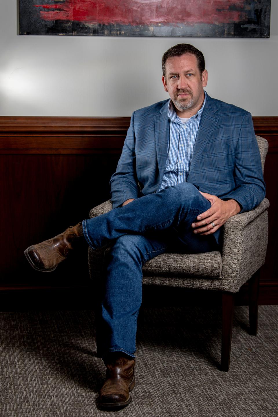 Tennessee House Republican Caucus Chairman Jeremy Faison poses in his office at the Cordell Hull Building on Thursday, May 27, 2021, in Nashville, Tenn. When Faison was 13-years-old, his sister Rebekah died following a car accident involving a drunk driver. Years later as a representative, Faison has become advocate for organ donation and for stricter DUI laws.