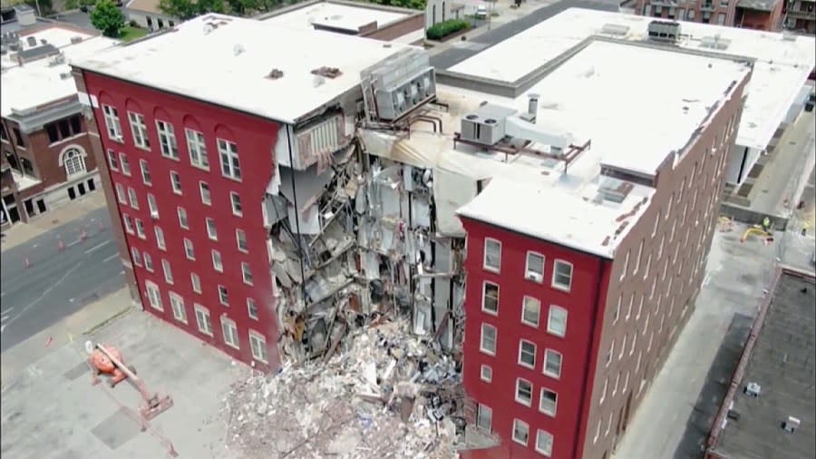 The Davenport apartment building, located at 324 Main St., Davenport, sustained a partial building collapse May 28, 2023. (OurQuadCities.com)