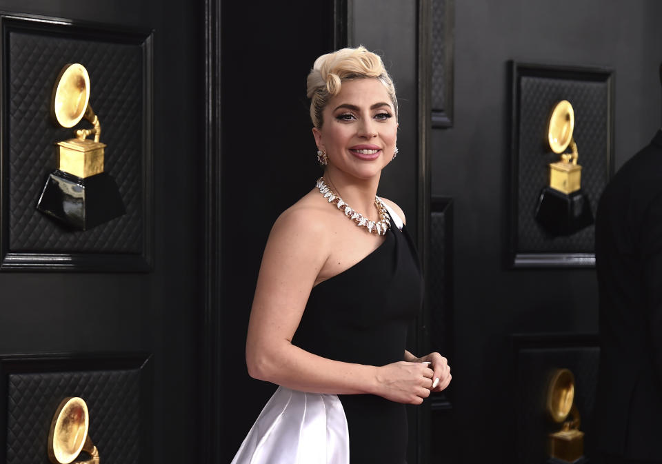 Lady Gaga arrives at the 64th Annual Grammy Awards at the MGM Grand Garden Arena on Sunday, April 3, 2022, in Las Vegas. (Photo by Jordan Strauss/Invision/AP)