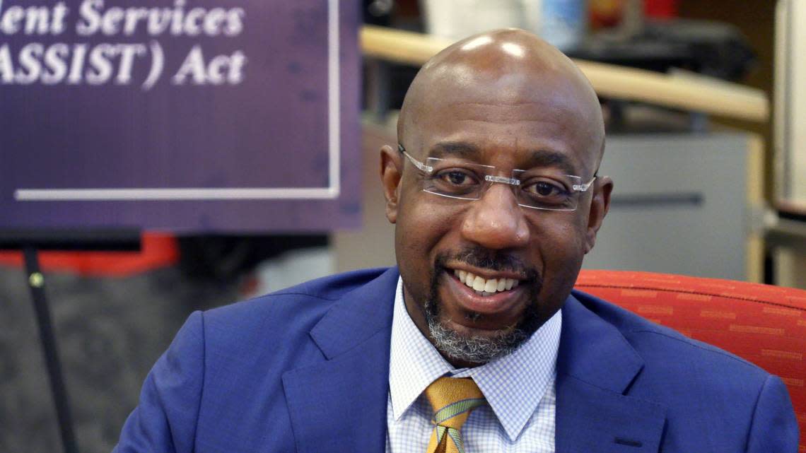 A February 2022 file photo of U.S. Sen. Raphael Warnock talks about his new mental health legislation proposal, named the Advancing Student Services in Schools Today (ASSIST) Act, Tuesday morning during a visit to Dorothy Height Elementary School in Columbus, Georgia.