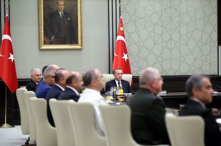 Turkish President Tayyip Erdogan chairs a National Security Council meeting in Ankara, Turkey, July 17, 2017. Yasin Bulbul/Presidential Palace/Handout via REUTERS
