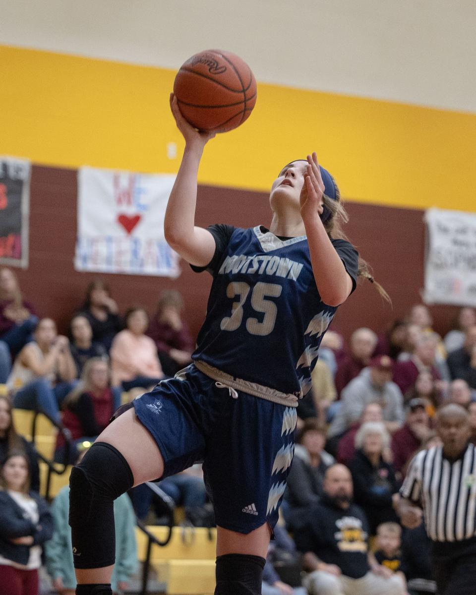 Rootstown sophomore Nadia Lough floats up a lay-up off a fast break during Wednesday night's game at Southeast High School.